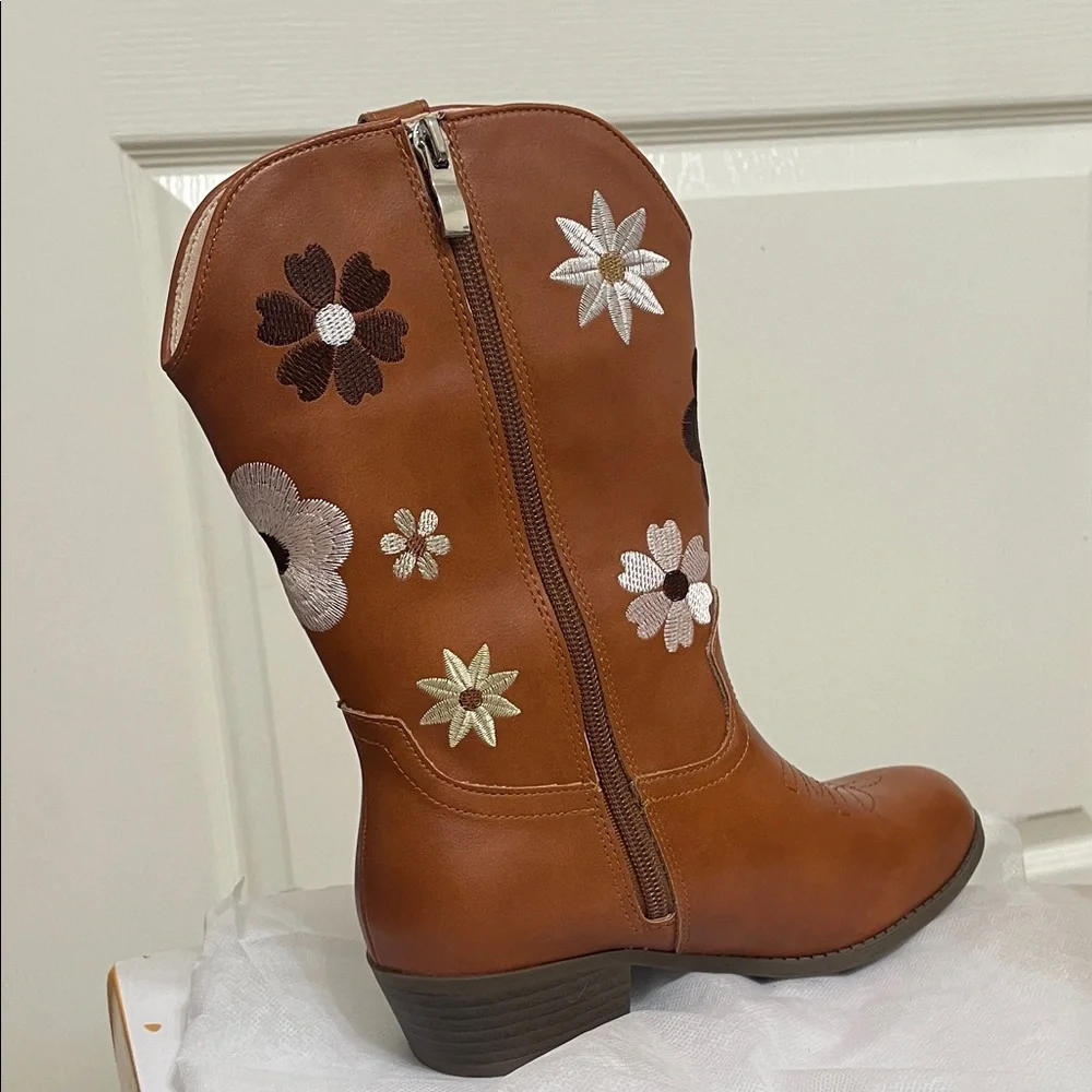 Kids Brown Floral Fringe Western Boots